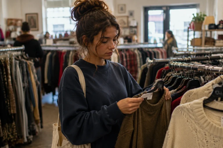 Teen browsing thrift racks to build a quiet luxury style wardrobe