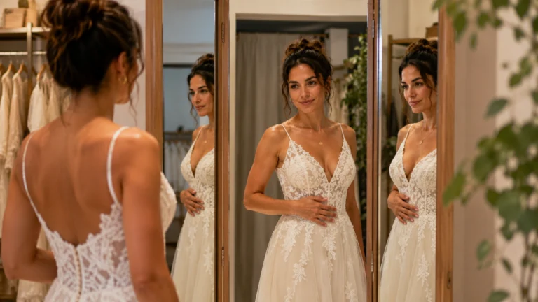 Wedding dresses under $600: bride checking fit in boutique mirror
