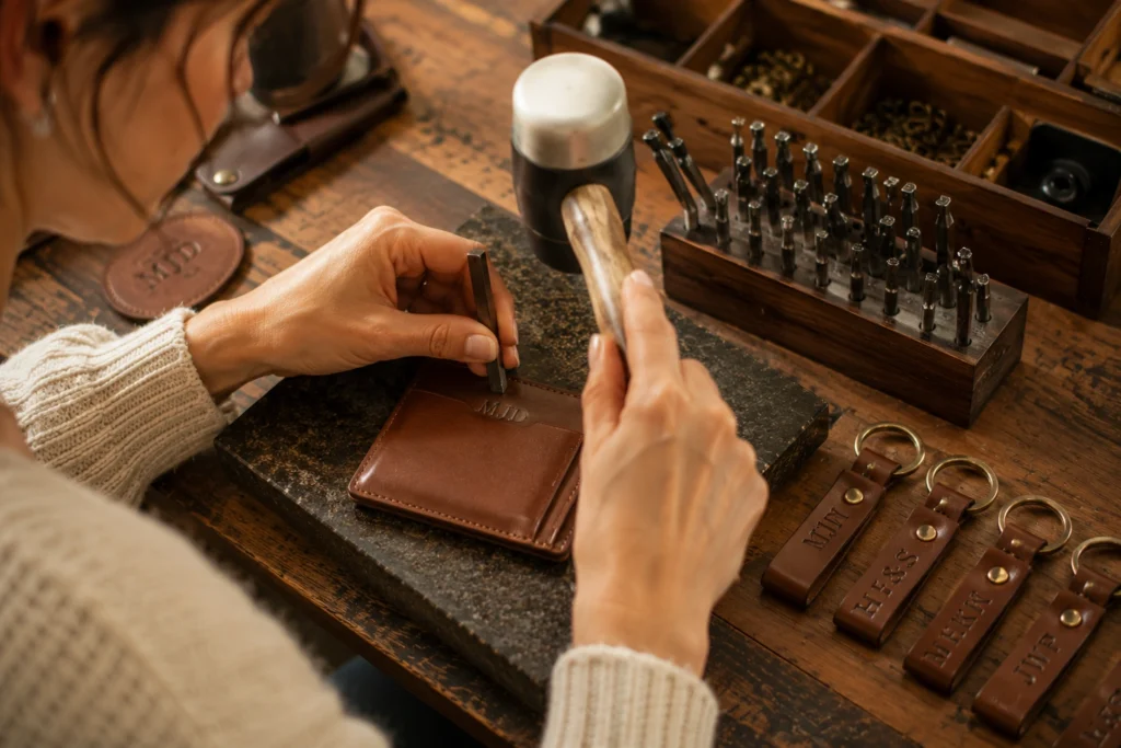 Hand-stamping initials into a personalized leather wallet