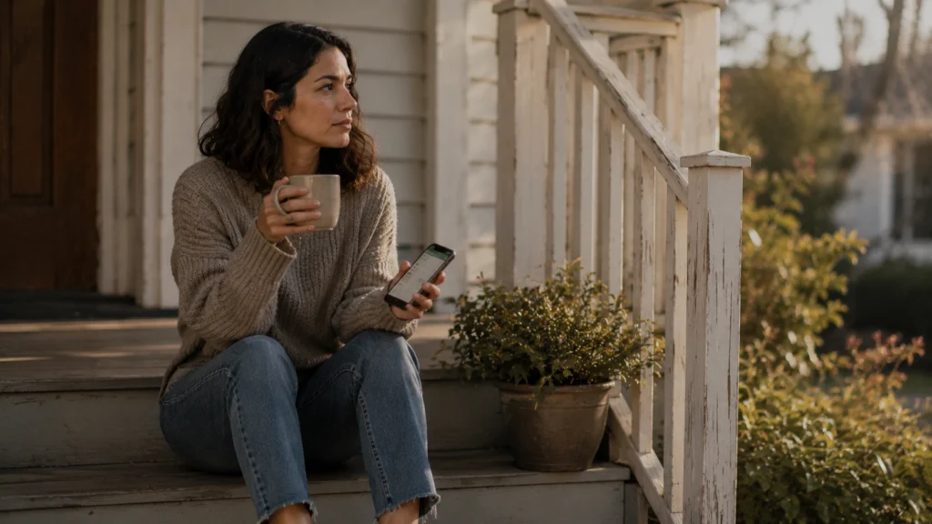 Woman on a porch planning her finances after divorce on a budgeting app