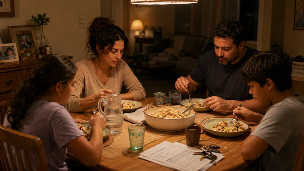Family eating a cheap weekly meal plan dinner
