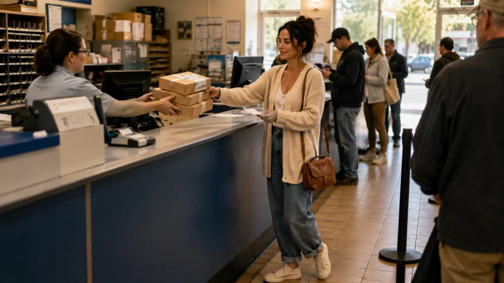 Woman shipping packages from resold thrift flipping items