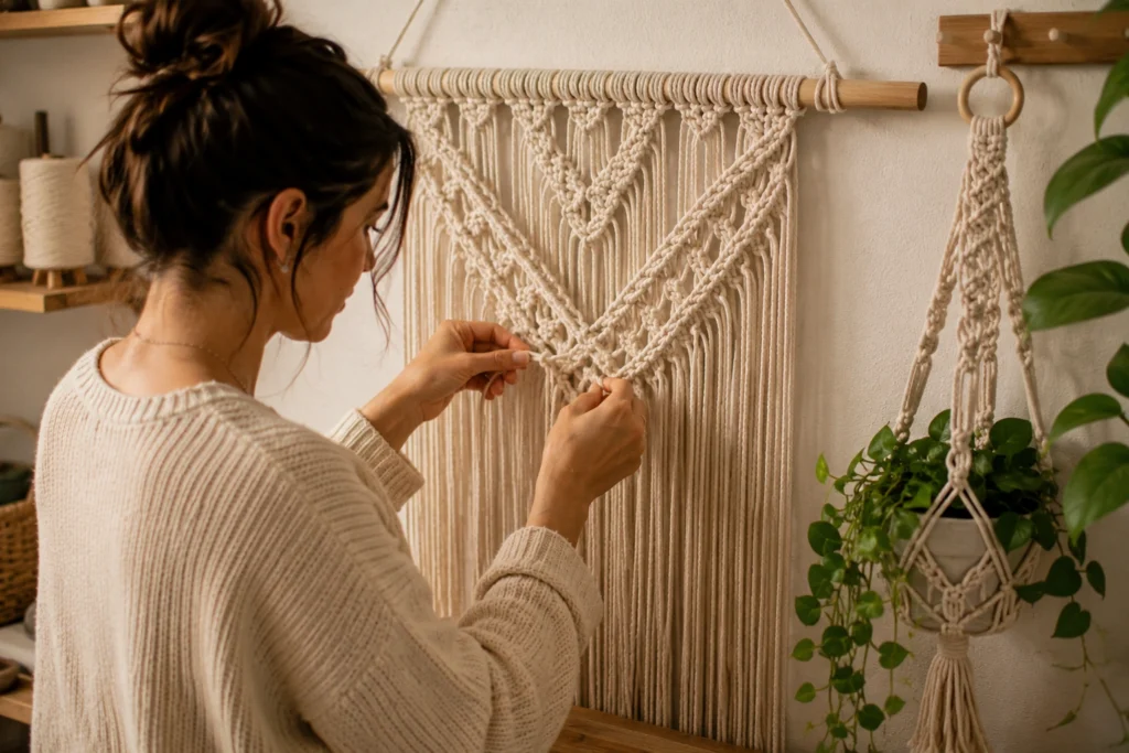 Woman hand-knotting a macrame wall hanging for Etsy