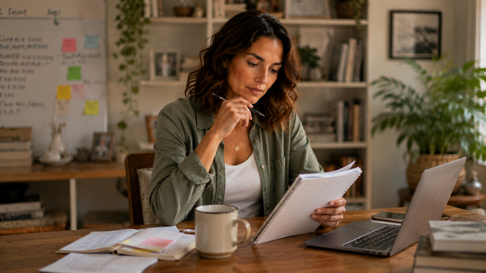 Woman at a cafe table reviewing her resume for a remote jobs career break search