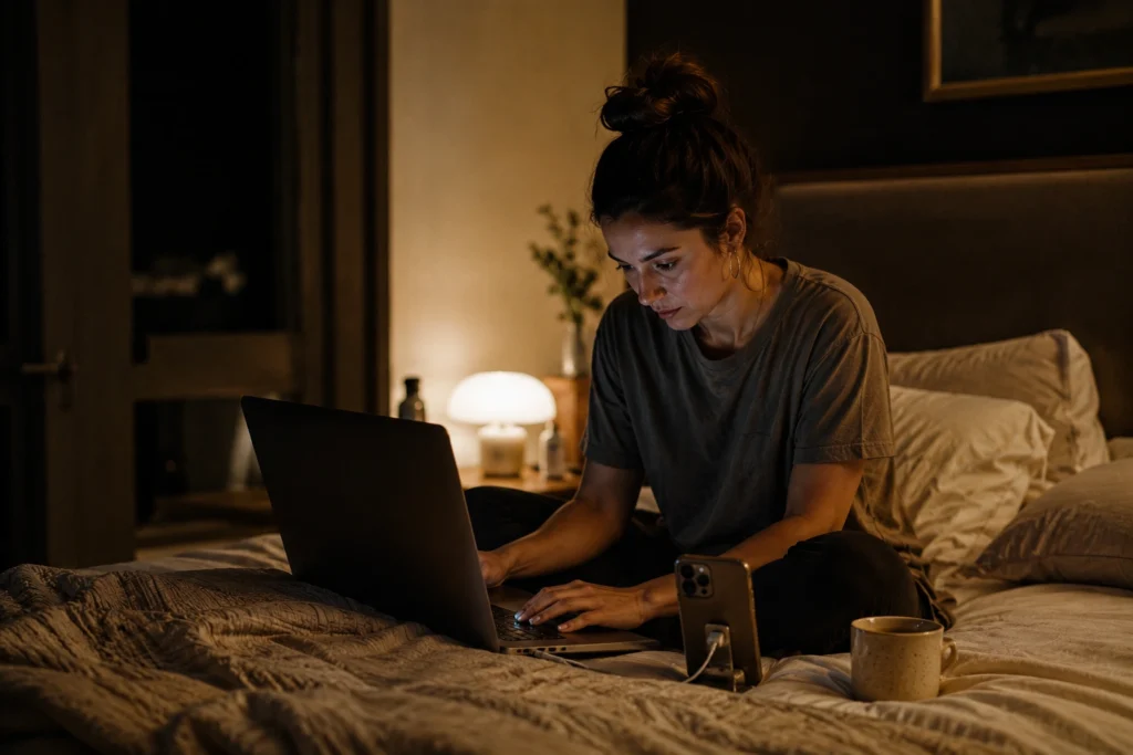Wedding content creator editing footage late at night for next-morning delivery