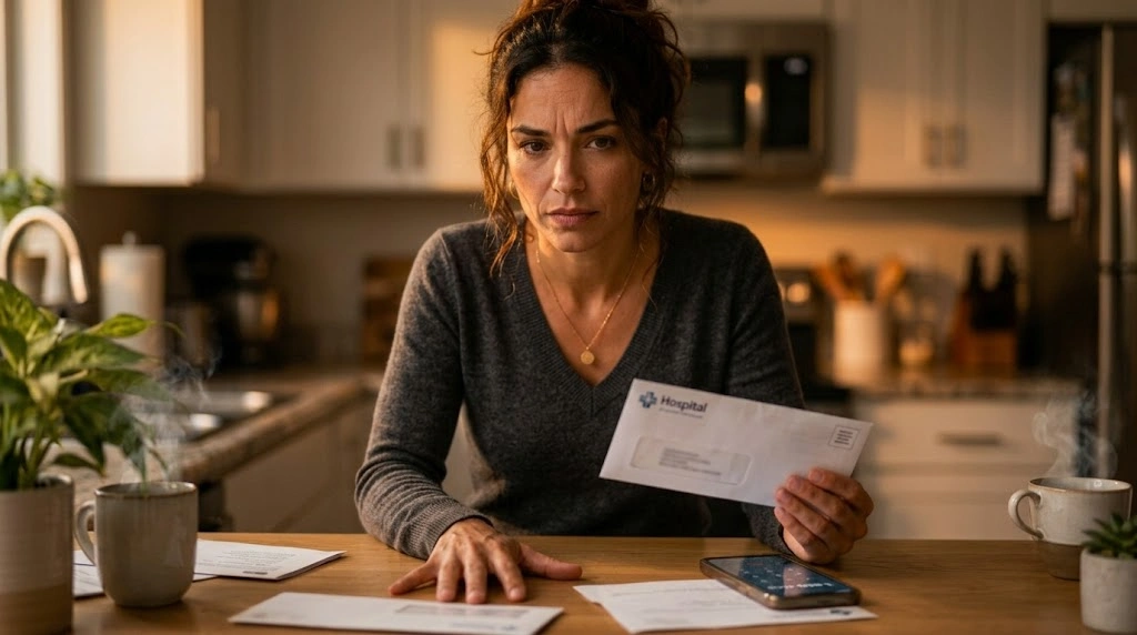 Woman reviewing hospital bill seeking medical bill help women need