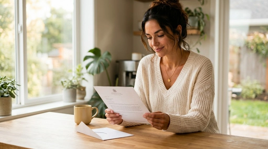 Woman reading her approval letter for divorced spouse benefits at kitchen counter