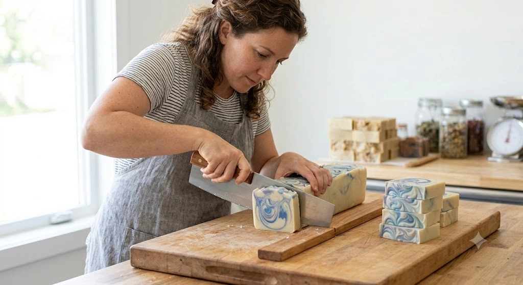 Woman cutting handmade cold-process soap bars for an Etsy shop