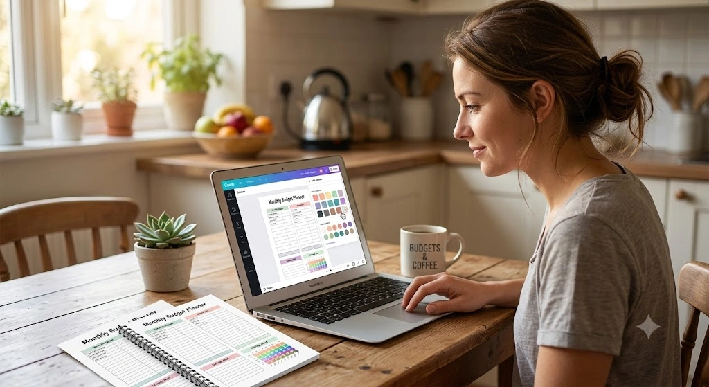 Woman designing a digital budget planner for an Etsy shop