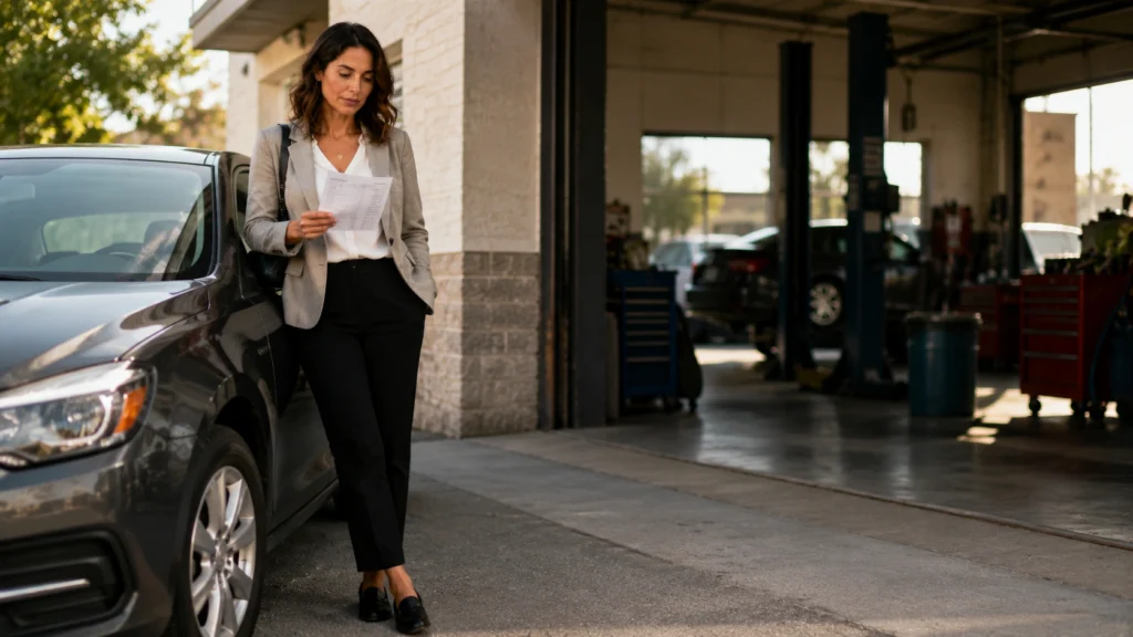 Woman reviewing a car service estimate, weighing a frugal vs cheap repair decision
