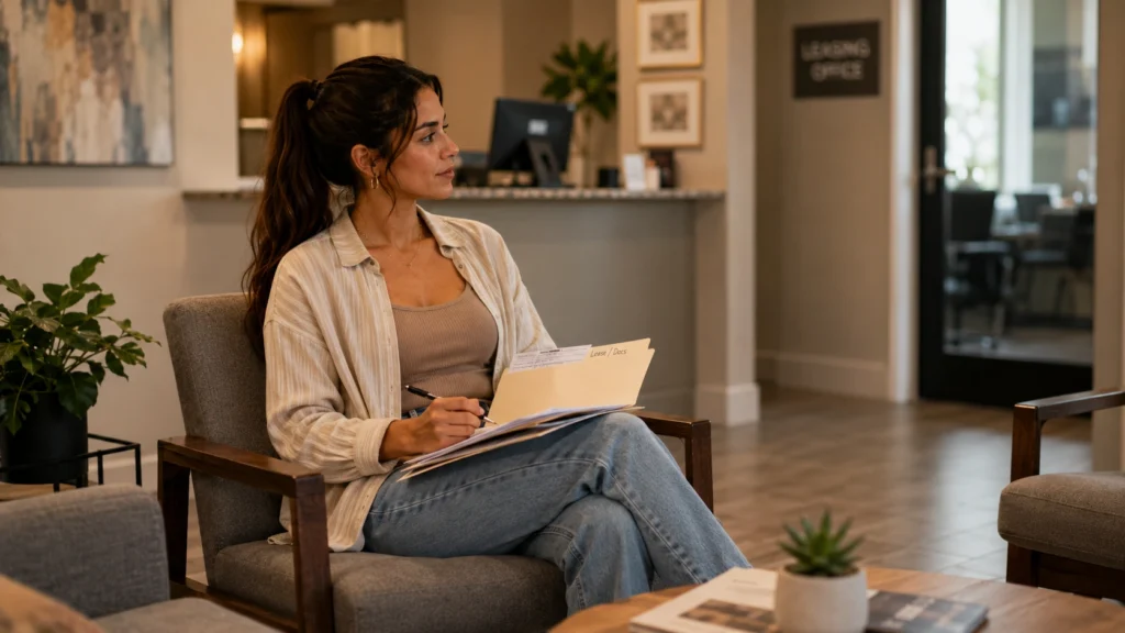 Woman with paperwork waiting on first apartment essentials lease signing