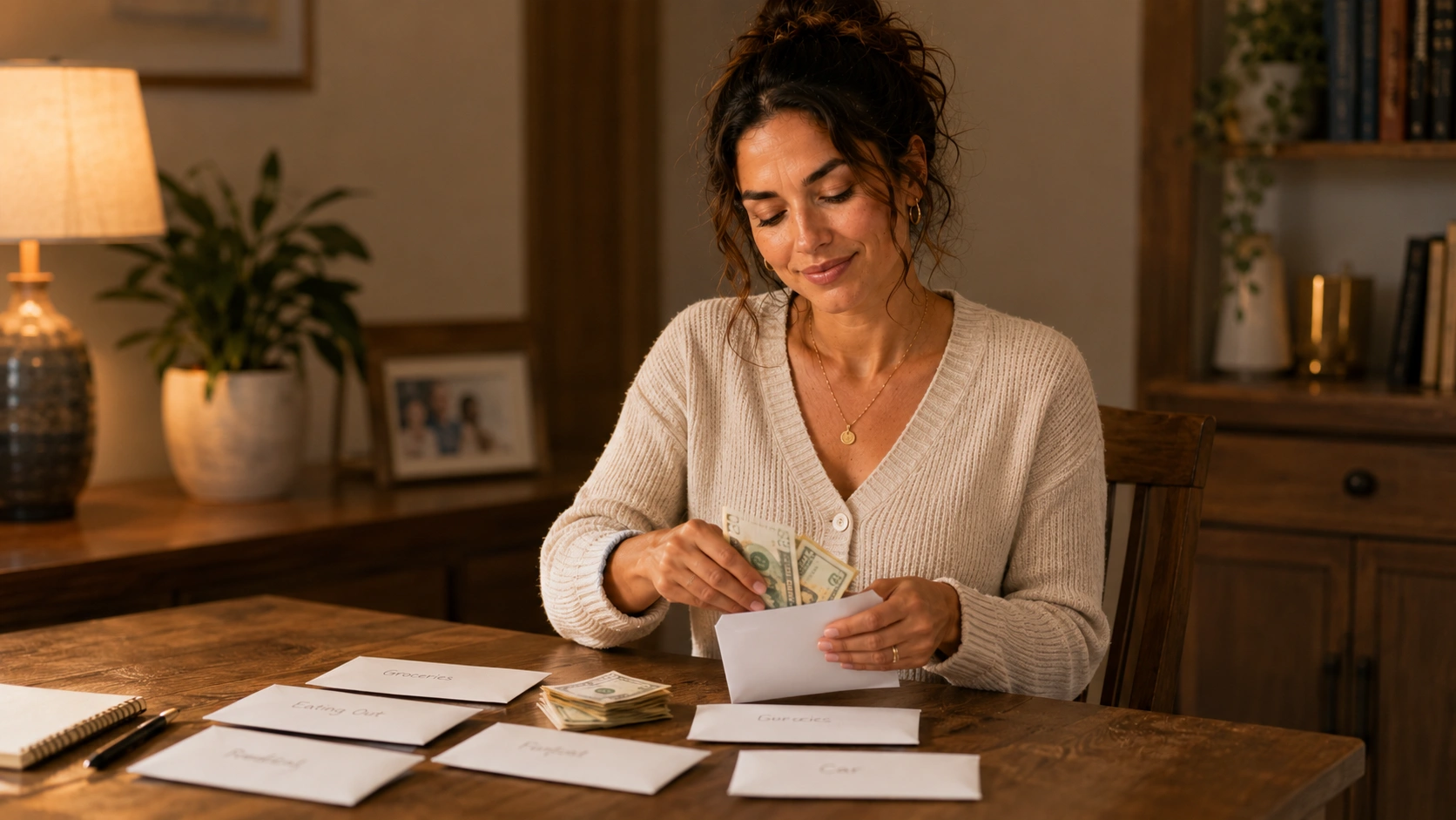Cash stuffing for beginners: woman counting cash into labeled envelopes