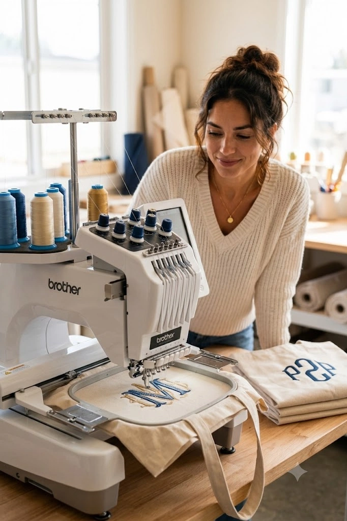 Embroidery machine stitching a monogram on a canvas tote bag