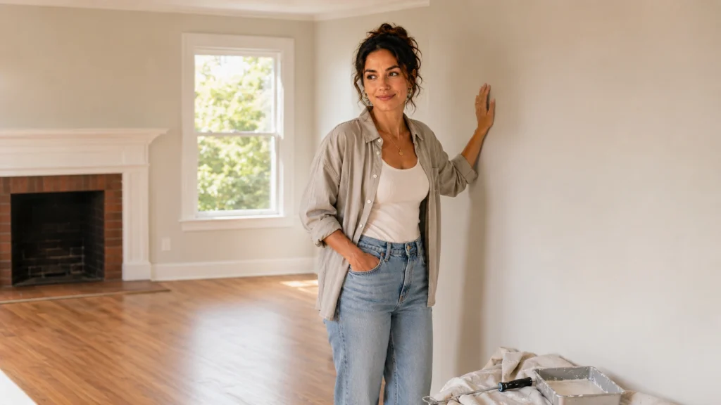 Single women selling property standing in newly renovated empty living room