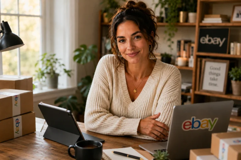Woman checking her own eBay seller account balance alone at home, eBay financial independence