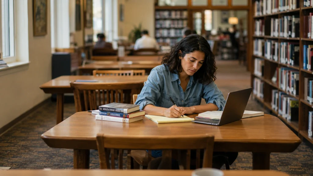 Woman researching Social Security and finances after divorce at a library