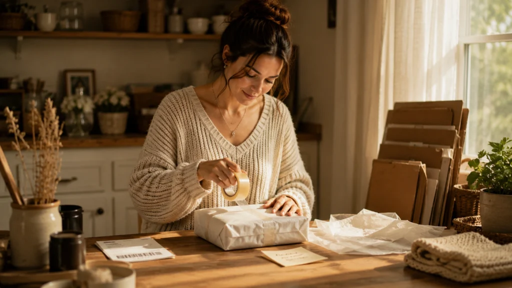 Woman packaging an Etsy order with tissue paper and a shipping label