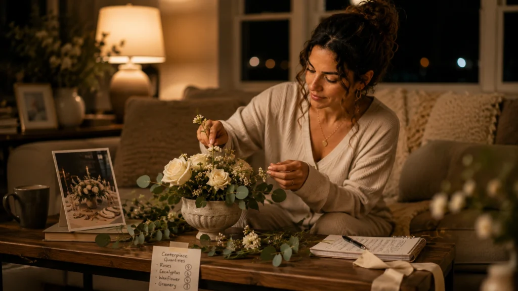 Bride assembling a sample DIY wedding decor centerpiece at home