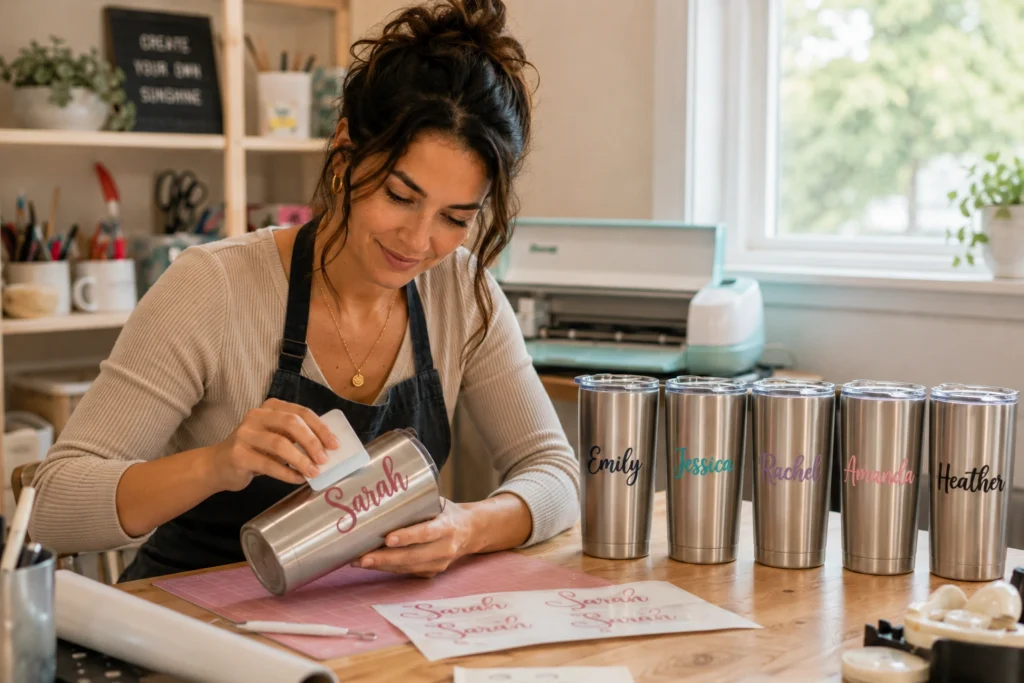 Applying custom vinyl lettering to a personalized tumbler