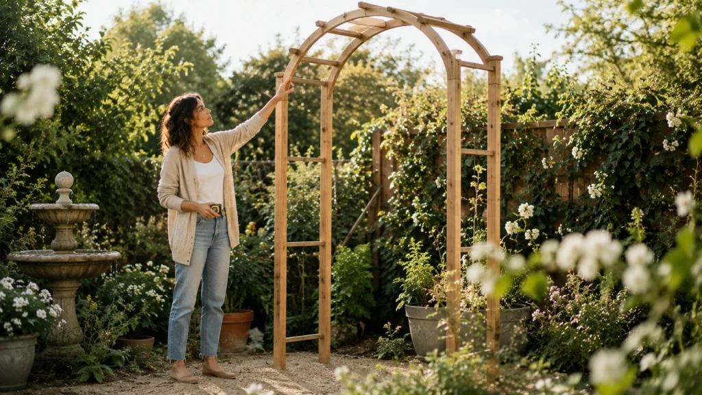 Bride measuring a garden arch for DIY wedding decor plans