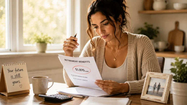 Woman reviewing divorce paperwork at kitchen table, learning about divorced spouse benefits