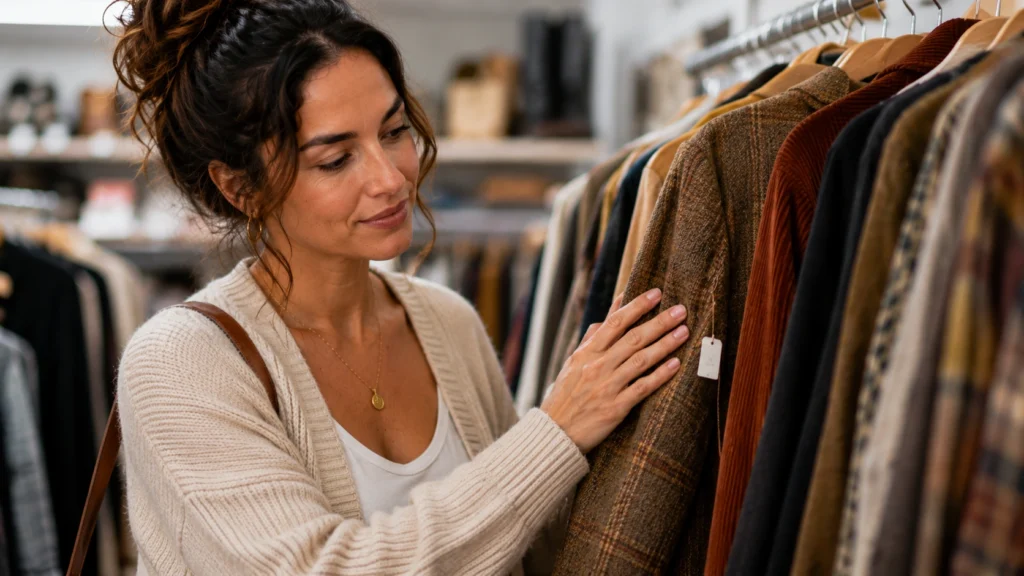 Woman testing fabric quality while sourcing thrift flipping items