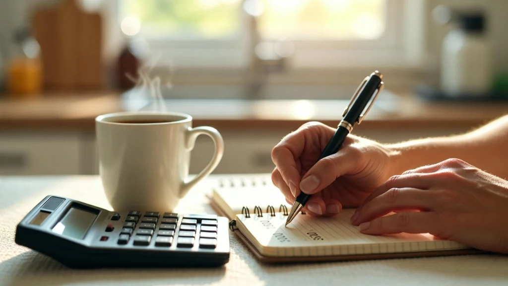 Hands writing out a debt payoff plan in a notebook, PennyToPower