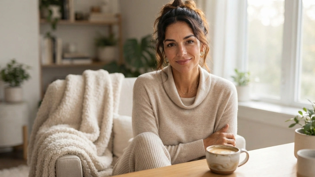 Woman on sitting in a comfort of his room, first lifestyle morning ritual