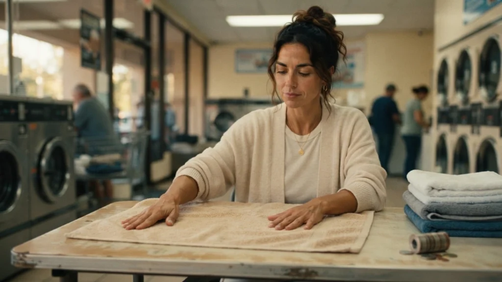 Folding warm laundry as a comfort first lifestyle ritual at the laundromat