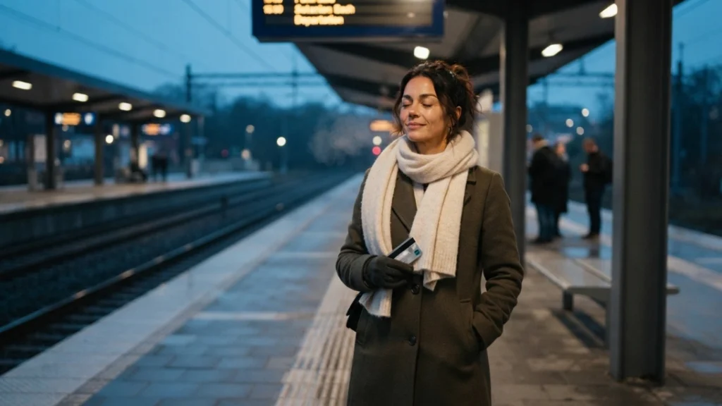 Woman practicing a comfort first lifestyle commute ritual on train platform