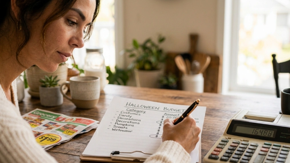 Woman writing out a Halloween budget at her kitchen table