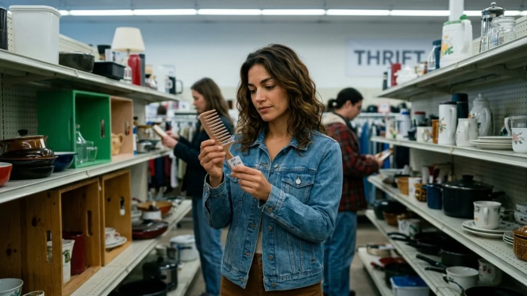 Teen shopping thrift store for budget self-care routine hair tools