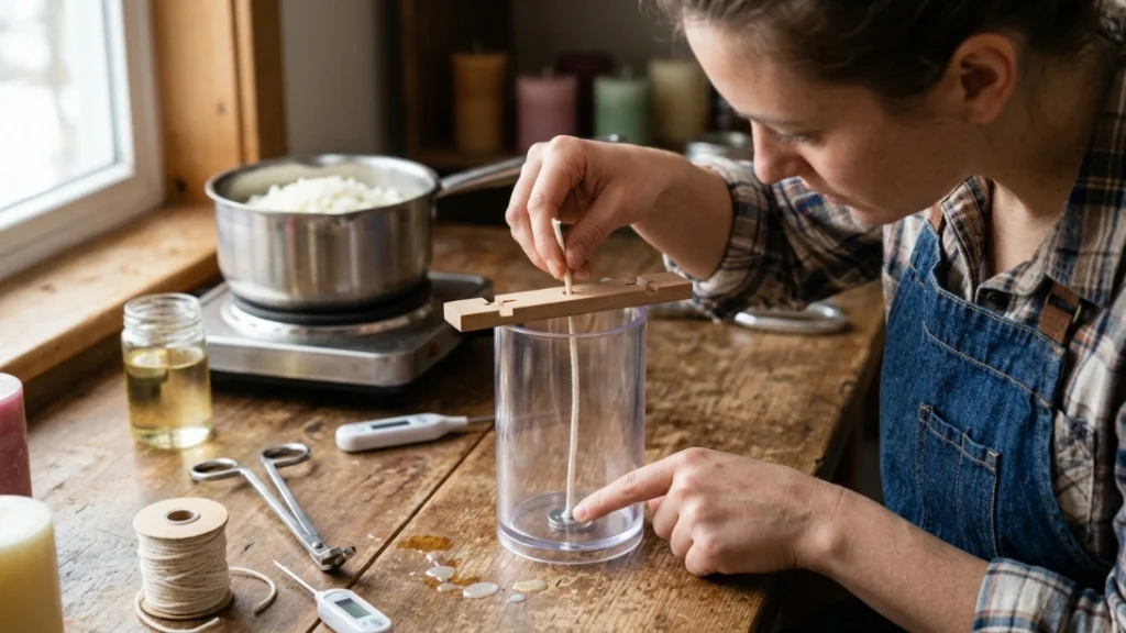 Securing candle wick before pouring wax