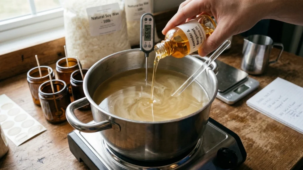 Adding fragrance oil to melted candle wax