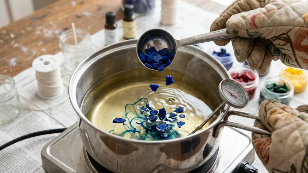 Adding color dye to candle wax before pouring