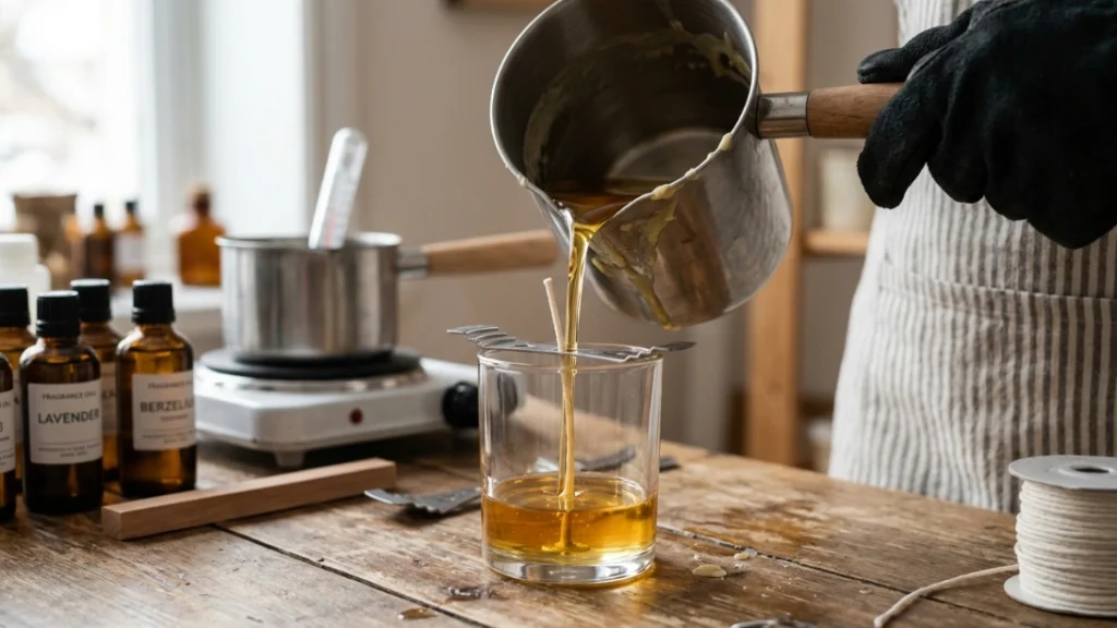 Pouring hot wax into a candle jar