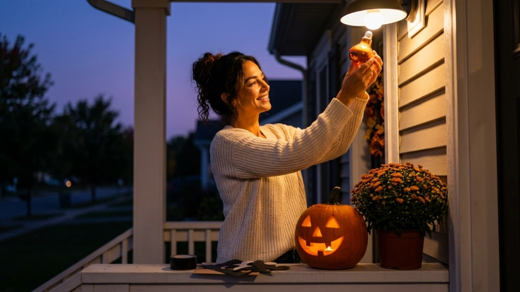 Woman installing a colored porch light for cheap Halloween decorations