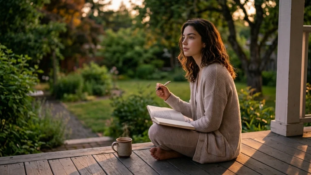 Teen journaling on porch as part of a free mental health routine