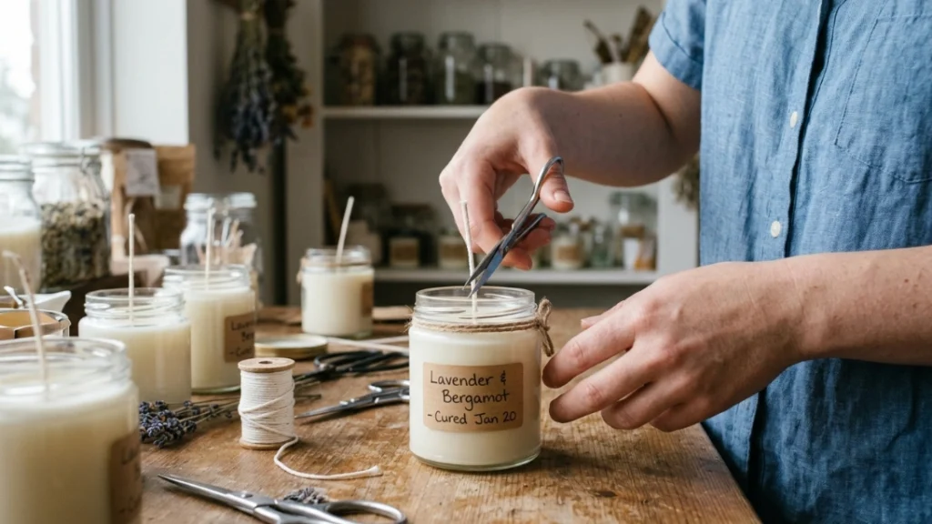 Trimming a candle wick after curing