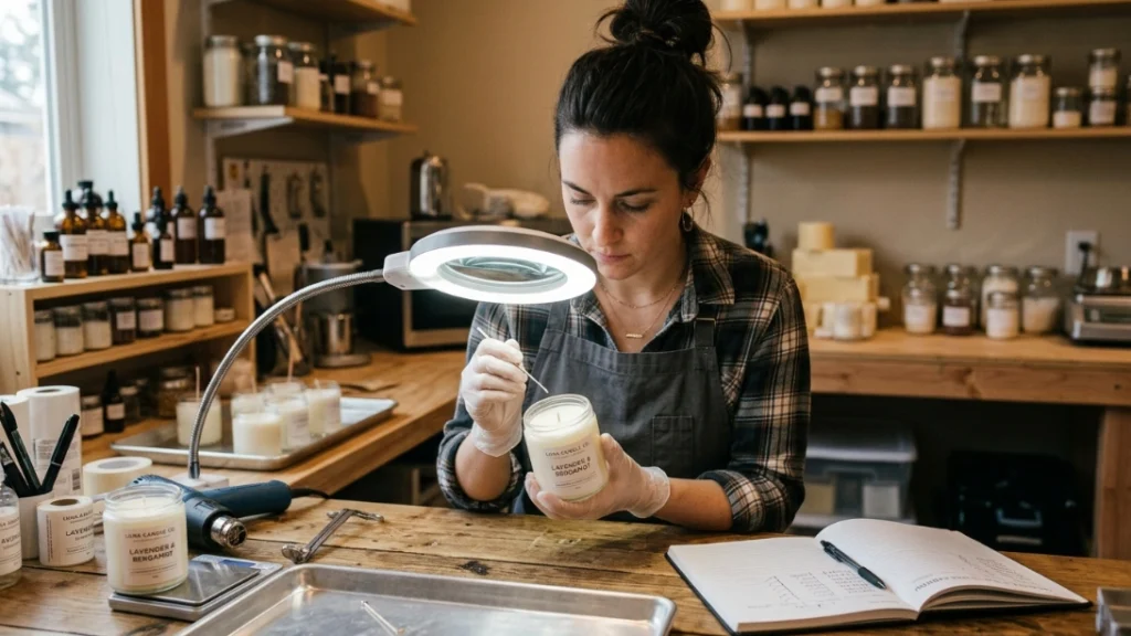 Inspecting a finished candle for quality issues