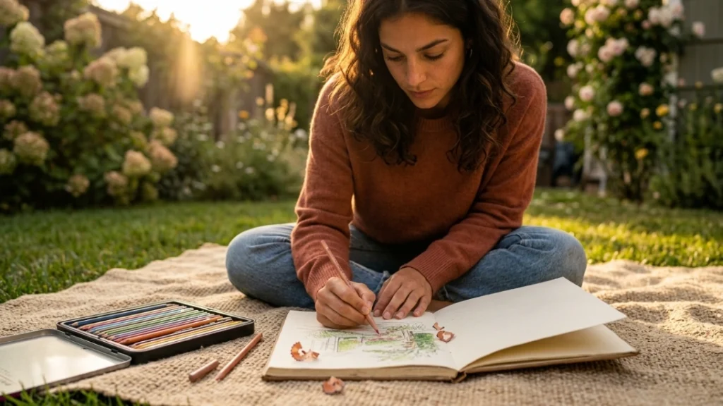 Teen sketching outdoors as a free hobby for her self-care routine
