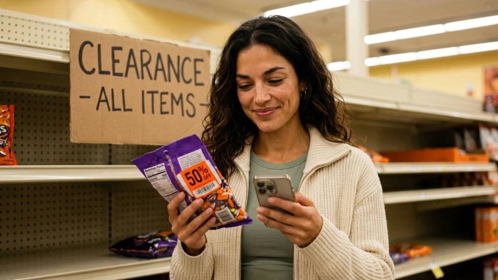 Woman shopping a Halloween clearance sale for candy and decorations