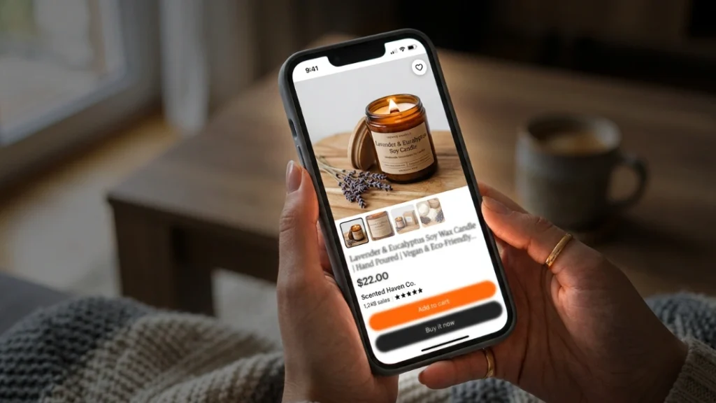 Etsy candle listing shown on a phone screen