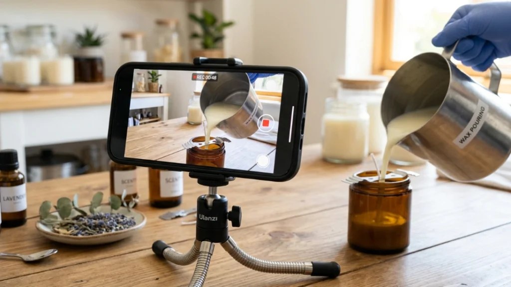 Filming a candle pour for social media content