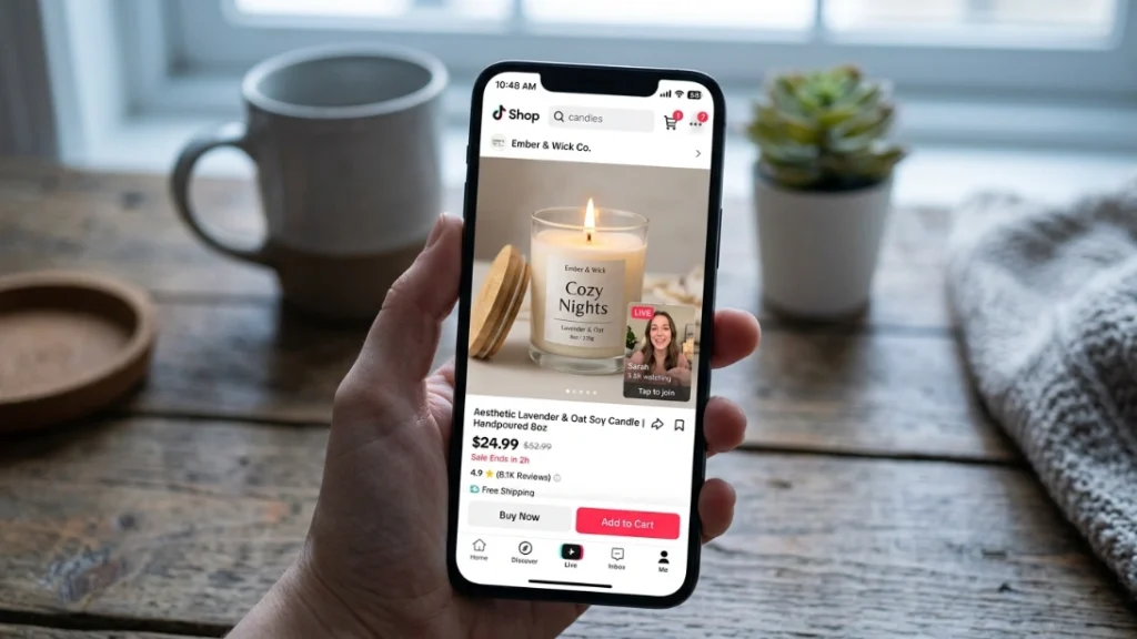 TikTok Shop candle listing on a phone screen