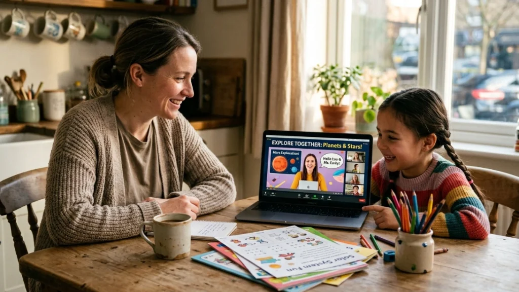 Parent and child reviewing tutor progress report, make money teaching online results