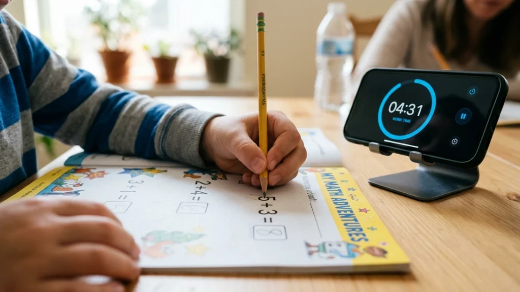 Child practicing math worksheet, make money teaching online timed session