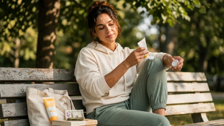 Teen girl applying budget self-care routine sunscreen on a park bench