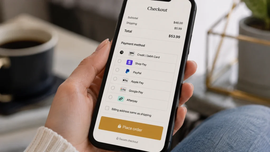 Mobile checkout screen with multiple payment options