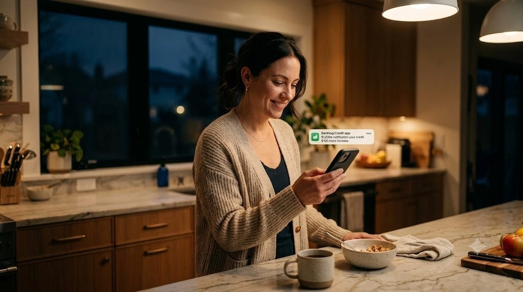 Woman smiling at phone after a small credit win rebuilding finances after divorce